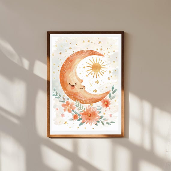 Sun and Moon Nursery Wall Art – Celestial Baby Room Print – Boho Sky Decor for Boys or Girls