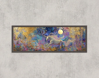 Unicorn Fantasy Art Print: Enchanted Forest, Mystical Moonlight