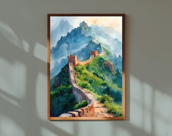 Watercolor Painting of the Great Wall of China | Ancient Landmark Wall Art Print | Historic Travel Landscape Poster