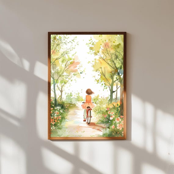 Whimsical Watercolor of Child’s First Bicycle Ride, Nursery Wall Art, Childhood Milestone Print, Bike Riding Kids Room Decor