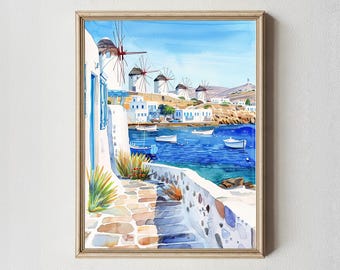 Mykonos Greece Watercolor Print: Coastal Mediterranean Wall Art
