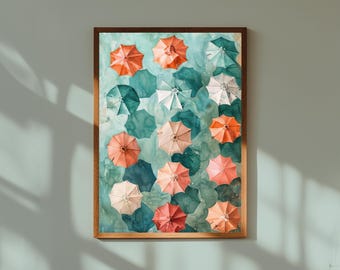 Beach Umbrellas Aerial Art Print: Colorful Seaside Decor