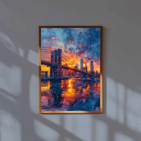 Watercolor Painting of Brooklyn Bridge & Manhattan Skyline | New York City Wall Art Print | NYC Urban Landscape Poster