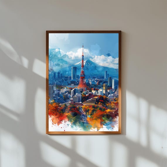 Watercolor Painting of Tokyo Tower Japan | Modern City Landmark Wall Art Print | Japanese Skyline Travel Poster