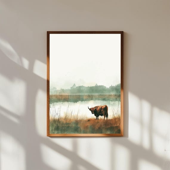 Highland Cow in Misty Field Wall Art | Serene Scottish Highlands Canvas | Rustic Farmhouse Animal Print | Calming Nature Decor