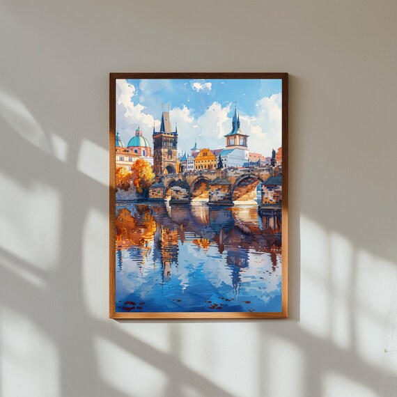 Charles Bridge Watercolor Print – Prague Landmark Art, Vltava River Painting, European Travel Poster, Historic Cityscape Wall Decor