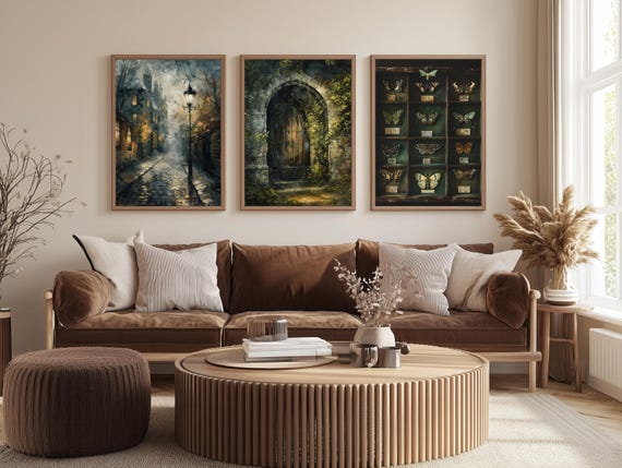 Dark Academia Wall Art Set – Mystical Alley, Secret Garden Door & Vintage Butterfly Specimens, Gothic Fantasy Home Decor