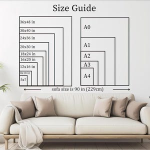 The image is a wall art depicting a sofa size guide, with a sofa size of 90 in (229cm) and a series of sofa sizes ranging from A0 to A4.