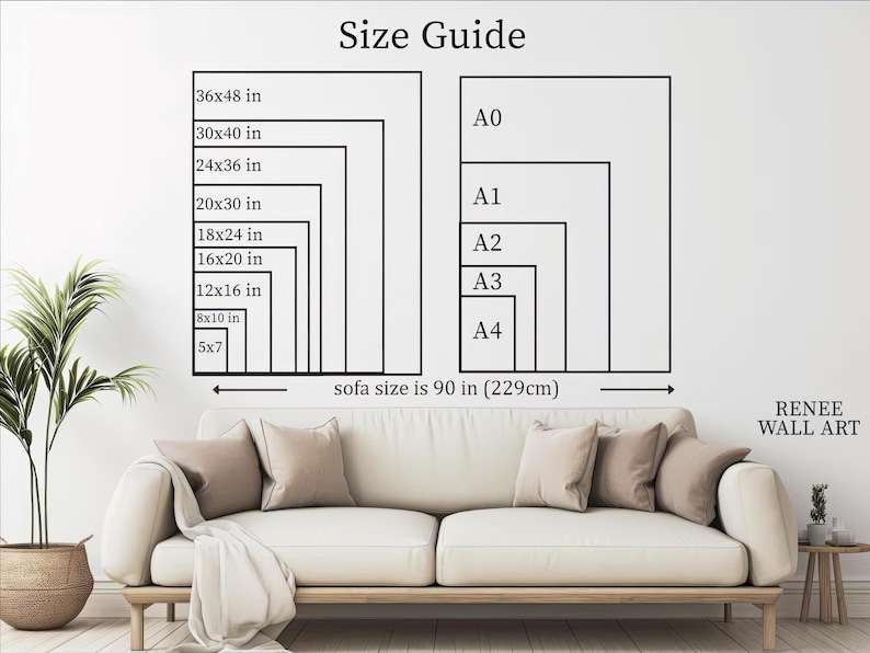 The image is a wall art depicting a sofa size guide, with a sofa size of 90 in (229cm) and a series of sofa sizes ranging from A0 to A4.