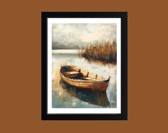 Vintage Rowboat Oil Painting: Summer Lake Nautical Art Print