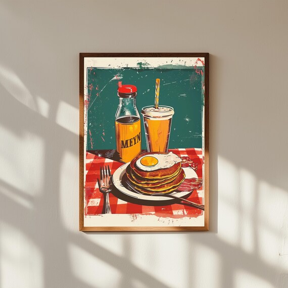 Retro Diner Menu Wall Art – Vintage Breakfast Print with Pancakes, Eggs & Bacon, 50s Kitchen Decor, Classic Cafe Style Poster