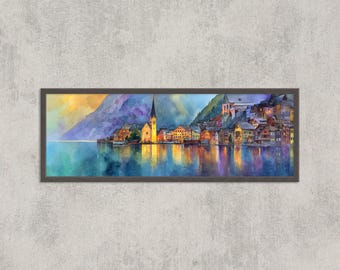 Art mural coloré Hallstatt Autriche | Peinture aquarelle vibrante Lake Village | Impression panoramique sur les voyages en Europe