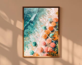 Beach Umbrellas Aerial Wall Art | Colorful Coastal Painting | Summer Ocean Print | Top-Down Seaside Decor | Vibrant Beach Artwork