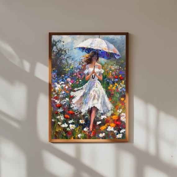 Elegant Lady in Flower Field Wall Art – Feminine Nature Scene Print – Romantic Boho Decor – Floral Meadow Poster – Aesthetic Artwork