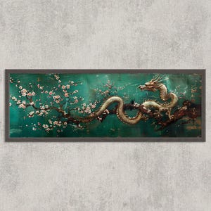 May include: A framed artwork featuring a golden dragon coiled around a tree branch with pink blossoms against a teal background. The dragon's scales and details are intricately rendered, creating a sense of depth and texture. The artwork is framed in a dark gray border.