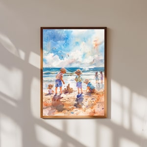 Whimsical Beach Watercolor Print: Children&#39;s Coastal Nursery Art