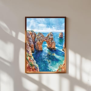 Lagos Portugal Watercolor Print: Coastal Cliff Algarve Seascape