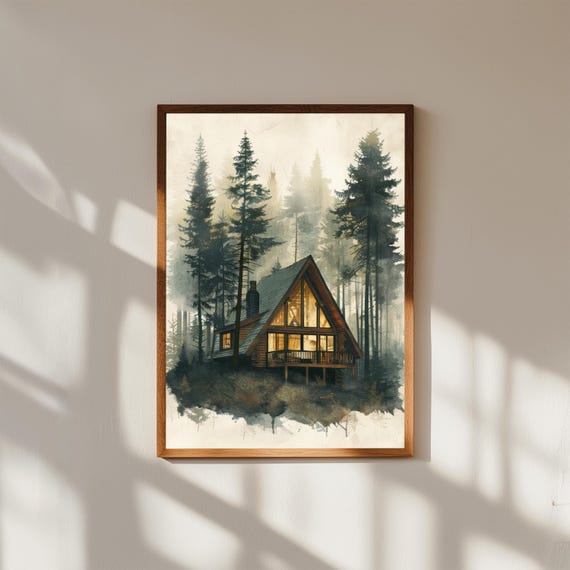Rustic A-Frame Cabin in Pine Forest – Architectural Forest Wall Art, Minimalist Nature Poster, Rustic Woodland Cabin Decor
