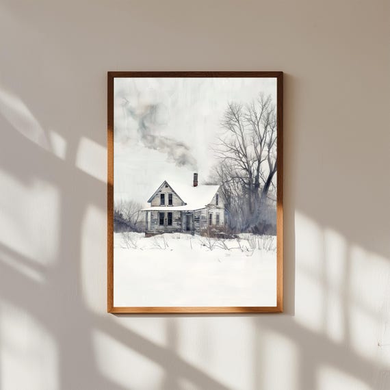 Simple Farmhouse in Snow Print – Winter Rural Landscape Wall Art – Minimal Snowy Farm Scene – Cozy Rustic Decor