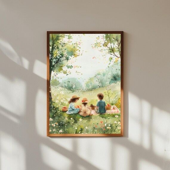 Whimsical Watercolor Picnic Print, Children in Sunny Meadow Art, Nursery Wall Decor, Pastoral Kids Room Illustration, Summer Day Scene