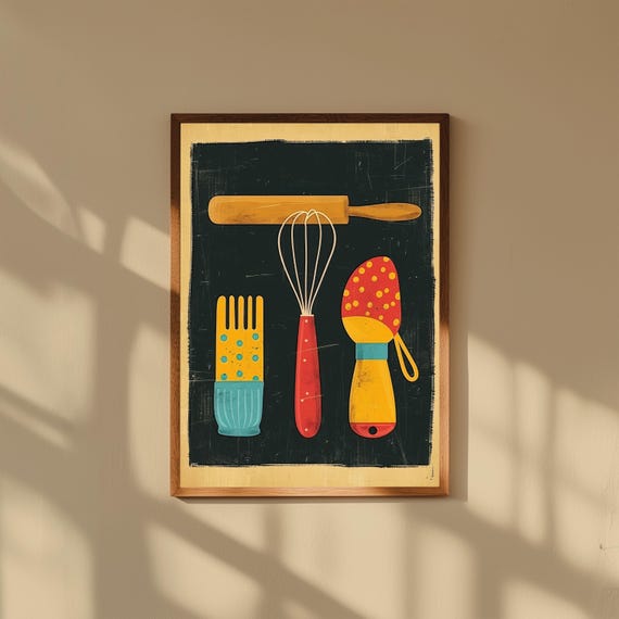 Retro Baking Wall Art – 50s Diner Style Print with Rolling Pin, Whisk, Oven Mitts, Bold Teal Red Mustard Colors, Vintage Kitchen Decor
