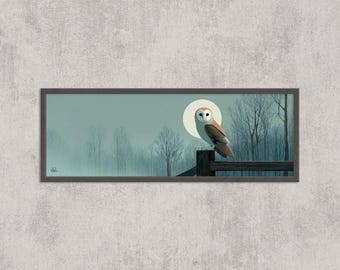 Impresión de lechuza común: Bosque a la luz de la luna, arte mural rústico de vida silvestre