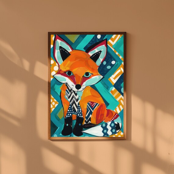 Funky Baby Fox Nursery Art – Whimsical Woodland Animal Poster, Cute Fox Wall Print, Modern Gender Neutral Baby Room Decor