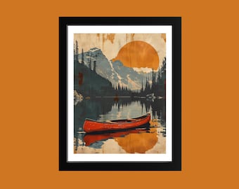 Retro Canoe Lake Wall Art | Calm Lake & Mountain Poster | Vintage Outdoor Adventure Print | Rustic Cabin Decor | Nature Lover Gift