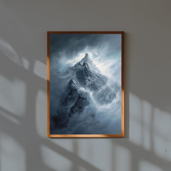 Dramatic Mountain Peak Oil Painting – Towering Summit Above Clouds – Fine Art Landscape Print – Majestic Nature Wall Decor