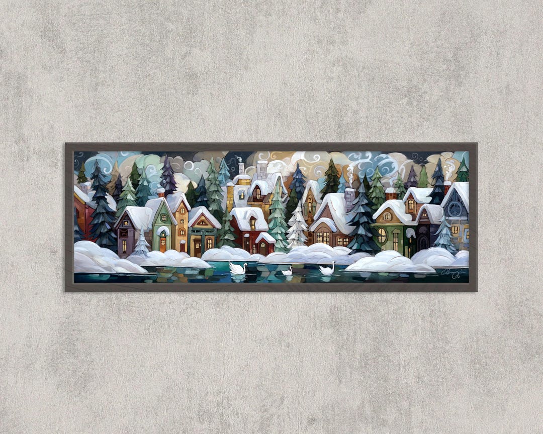 Winter Village Folk Art Print: Snowy Cottage Christmas Town Scene - Etsy