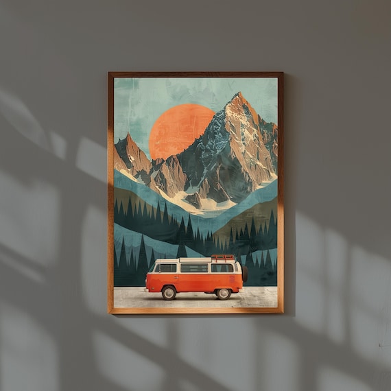 Retro Road Trip Wall Art with Vintage Campervan | Mountain Drive Travel Poster | Rustic Adventure Decor | Vanlife Gift | Cabin Print