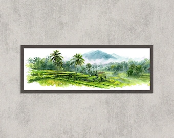 バリ島の棚田の絵画：緑豊かな田園と伝統的な小屋 - Etsy 日本