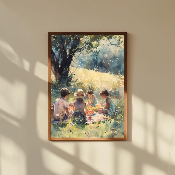 Whimsical Watercolor Picnic Print, Children in Sunny Meadow Art, Nursery Wall Decor, Pastoral Kids Room Illustration, Summer Day Scene