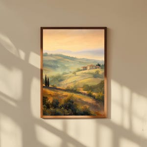 Neblige europäische Hügel Ölgemälde - Morgennebel Landschaftsdruck - Sanfte ländliche Kunst Poster - Gelassene Natur Wanddekoration