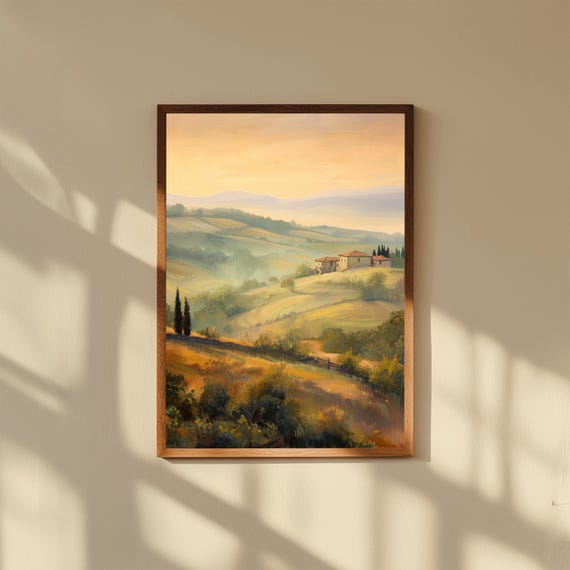 Misty European Hills Oil Painting – Early Morning Fog Landscape Print – Soft Rural Fine Art Poster – Serene Nature Wall Decor