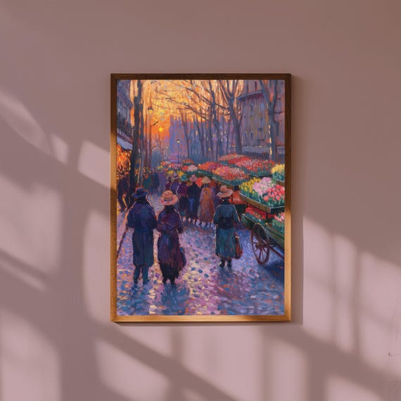 Paris Flower Market Print, 1920s Impressionist Sunrise Art, Vintage French Market Poster, Romantic Oil Painting Style Wall Decor