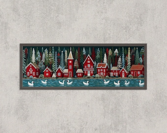 Nordic Village Print: Scandinavian Folk Art, Winter Cottage Scene