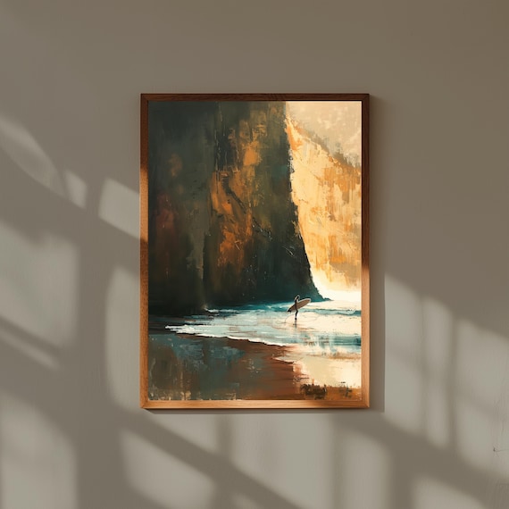 Lone Surfer Beach Painting | Fine Art Coastal Wall Print | Rugged Cliff Ocean Scene | Surf Minimalist Decor | Nature Seascape Art
