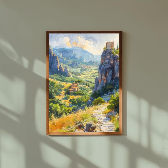 Watercolor Painting of Meteora Monasteries Greece | Cliff-Top Golden Hour Wall Art | Spiritual Mountain Landscape Poster