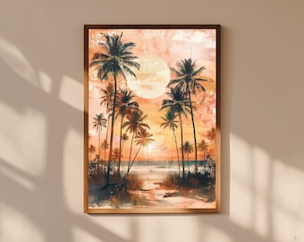 Palm Tree Sunset Wall Art | Coastal Beach Painting | Tropical Silhouette Print | Sunset Ocean Decor | Boho Beach House Artwork