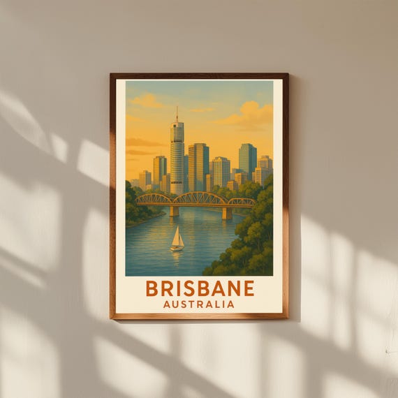 Brisbane Australia Vintage Travel Poster Print – Retro Wall Art of Story Bridge & River Skyline – Queensland City Decor for Home
