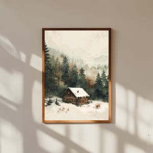Cozy Cabin in Snowy Pine Forest – Winter Woodland Poster Art, Rustic Christmas Cabin Wall Decor, Snowy Forest Landscape Print
