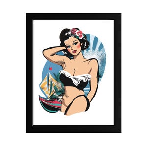 Vintage Pin-Up Girl Art Print: Retro Beach, 1950s Nautical Decor
