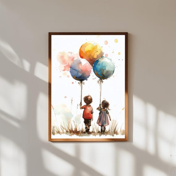 Whimsical Watercolor Art Print of Children Holding Balloons – Nursery Wall Decor, Playroom Art, Childhood Memories Illustration