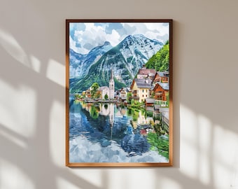 Impresión de Hallstatt, Austria: Pueblo con lago alpino, póster de viaje europeo