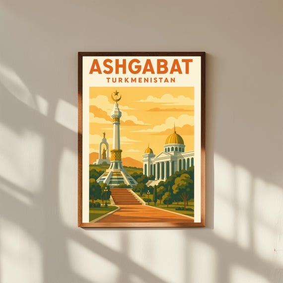 Ashgabat Turkmenistan Vintage Travel Poster Print – Retro Wall Art of White Marble Buildings & Independence Monument – Central Asia Decor