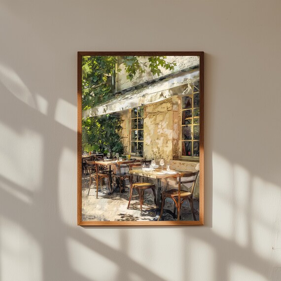 Vintage French Café Art Print | Shaded Tables Summer Scene | Paris Street Wall Art | Romantic Europe Travel Poster | Bistro Decor