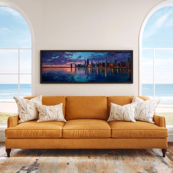 Chicago Skyline Panorama | Lake Michigan Sunset Cityscape Painting
