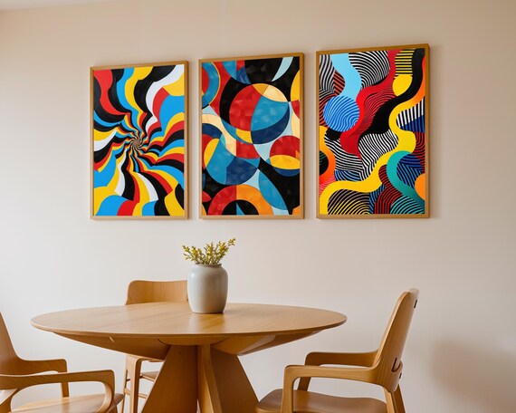 Op Art Wall Art Prints Set of 3, Optical Illusion Geometric Poster, Modern Colorful Abstract Wall Decor, Bold Contemporary Home Art