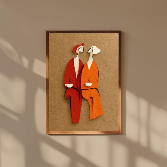 Minimalist Couple Wall Art – Coffee Lovers Abstract Print – Warm Neutral Modern Art – Scandinavian Style Decor